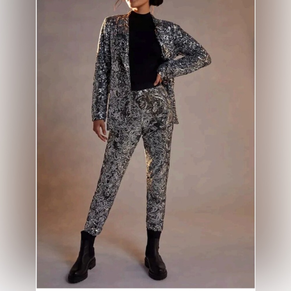 Anthropologie The Odells Pascaline Sequined Trousers Silver NWT Size